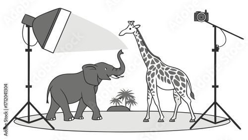 Studio Photography of African Animals Elephant and Giraffe Photo Shoot Illustration.