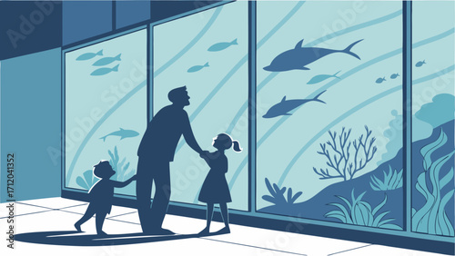 Family viewing aquarium exhibit underwater scene marine life ocean wildlife children father parent kid girl boy silhouettes large tank glass wall aquatic plants coral fish dolphin.