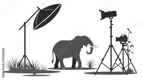 Studio Photography Setup with Elephant Silhouette Illustration.