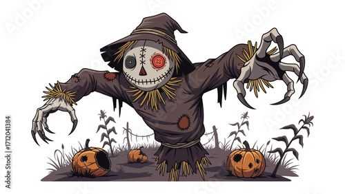 Spooky Scarecrow on the Field: An ominous scarecrow with a sinister expression stands sentinel amidst a harvest field, with its dark figure set against a backdrop of eerie pumpkins.