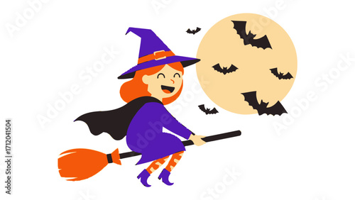 Whimsical Witch's Flight: A spirited illustration captures a cheerful witch, aloft on her broomstick against a moonlit sky, escorted by a flock of bats for a spellbinding adventure!