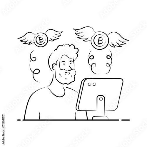 Flying Bitcoin Illustration with Cryptocurrency Tokens and Digital Investment
