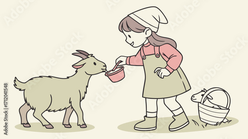 Feeding a Goat Kid Cute Farm Illustration Child and Animal Cartoon.