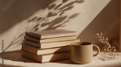 Calm minimalist workspace with beige notebooks, warm coffee cup, subtle shadows, natural soft-toned background