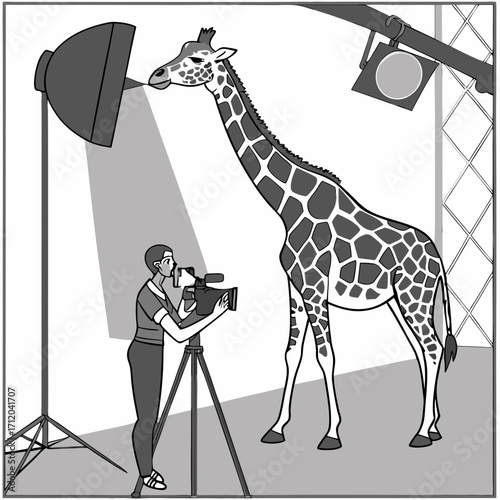 Filming a Giraffe in a Studio Setting.