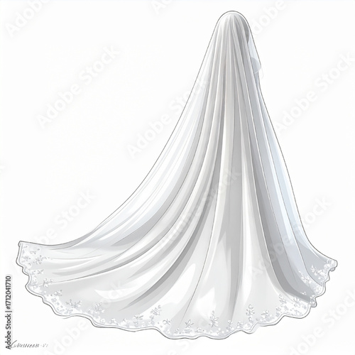 Elegant White Wedding Veil and Flowing Dress Train with Delicate Lace Embroidery Illustration
