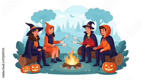 Halloween Campfire Gathering: Group of children in whimsical Halloween costumes, gathered around a crackling campfire, toasting marshmallows creating an evocative scene of spooky fun.