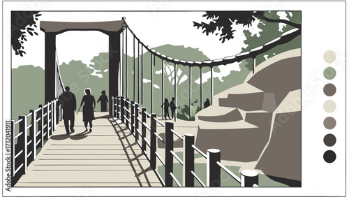 Stylized illustration of people walking across a suspension bridge in a park setting.