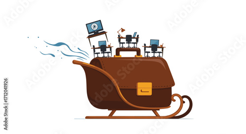 Innovative business team works remotely on a festive holiday sleigh symbolizing ambitious growth and global reach, Generative AI.