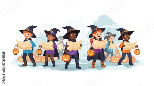 Witch's Halloween Map: A group of youthful witches, adorned in classic attire, navigating through a mysterious Halloween night, holding lantern and map to celebrate All Hallow's Eve. 