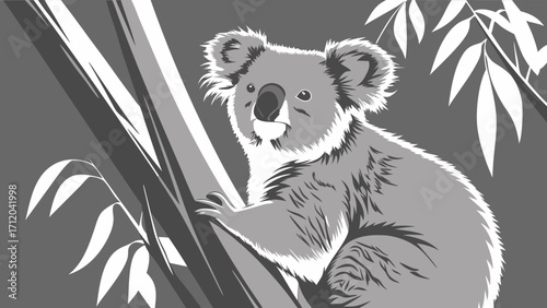 Stylized Koala Bear on Tree Branch Monochrome Wildlife Illustration Grey Scale Animal Art for Print Web and Design Projects.