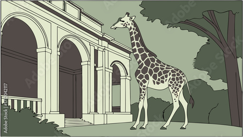 Giraffe standing near classical architecture in a park setting.