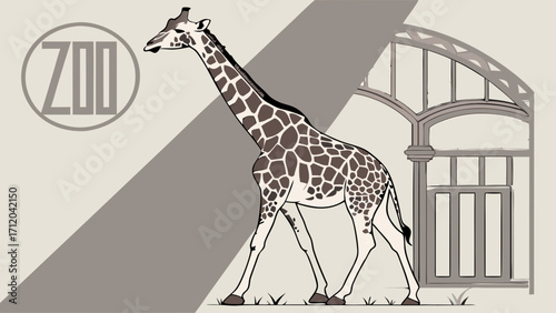Giraffe walking near zoo gate stylized illustration animal graphic safari print zoo design.