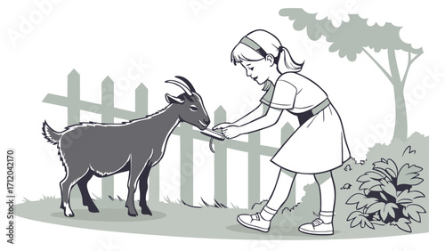 Girl feeding a goat by a fence in a garden.