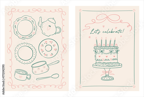 Whimsical posters in trendy vintage style with ribbon frames, cake and utensil. Dinner party line art prints. Charming coquette invitation and card design. Vector graphic