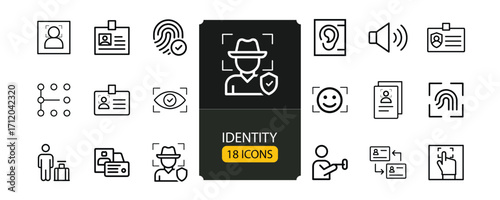 Identity set of web icons in line style. Authentication linear icons collection. Containing identification, passport, biometric, ID card, fingerprint, DNA. Editable vector