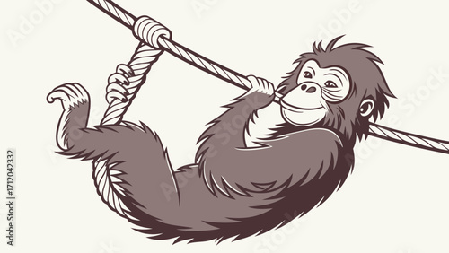 Happy ape hanging on a rope jungle animal cartoon illustration primate swinging wildlife design.