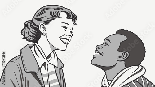 Happy diverse couple faces pop art style illustration black and white.