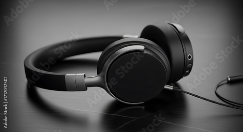 Black Headphones on Dark Surface.