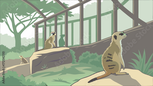 Three meerkats in a habitat wildlife illustration zoo animals nature scene.
