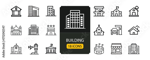 Building Web Icon Set in Line Style, Collection of Linear House and Architecture Icons Including City, Office, Skyscraper, Bank, School, Hotel, Shop, University, Hospital, Church, Mosque, and Factory