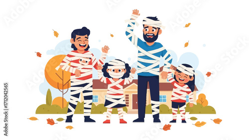 Halloween Mummy Family: A cheerful family embraces the Halloween spirit, dressed as mummies, radiating festive joy and embodying the warmth of familial togetherness.