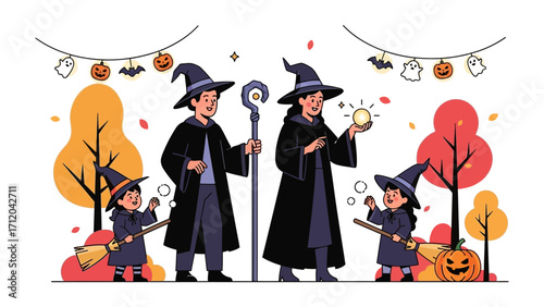 Magical Family on Halloween: A family dressed as witches and wizards celebrate Halloween, surrounded by festive decorations and autumn colors, creating a whimsical and enchanting scene.