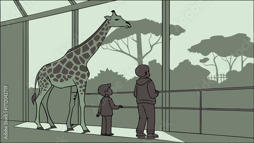 Two children looking at a giraffe through a large window.