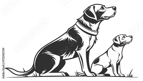 Two Dogs Sitting Together Black and White Illustration Vector Graphic.