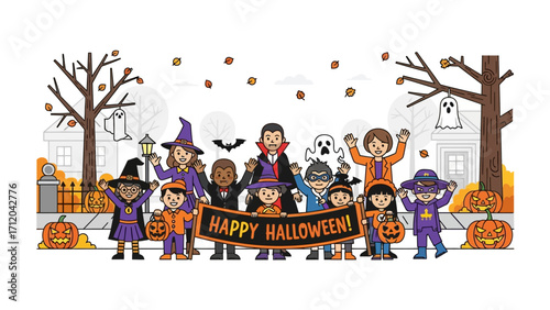 Spooky Halloween Gathering: Illustration of a lively Halloween scene where children in costumes and festive decorations such as pumpkins and bats all come together in the spirit of the holiday.