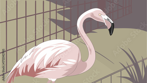 Pink Flamingo Bird in Enclosure Exotic Wildlife Illustration Zoo Animal Vector Graphic.