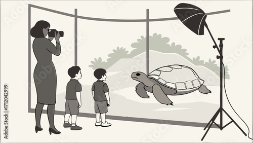 Photographic session with a tortoise children and photographer.