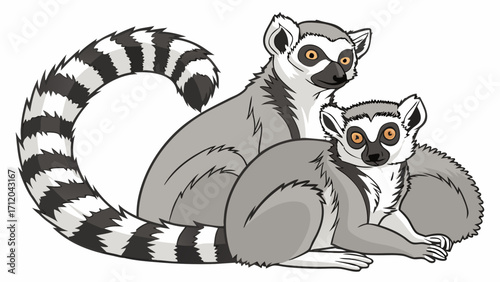 Two Ring-tailed Lemurs Sitting Together Cute Animal Illustration.
