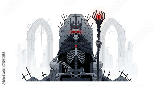 Undead King: An imposing undead king, radiating an aura of dark power, sits upon a throne with a menacing staff, set against the backdrop of a gothic ruin.