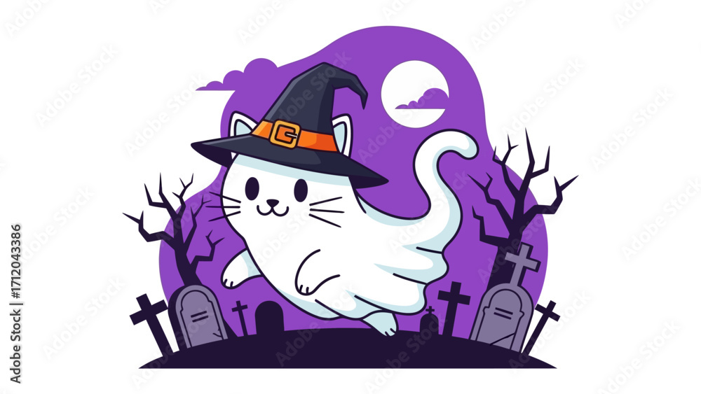 Fototapeta premium Mystical Halloween Cat in Spooky Scene: A charming cartoon cat, dressed in a pointed witch's hat, levitates through a moonlit graveyard on Halloween night, against a backdrop of twisted, bare trees.
