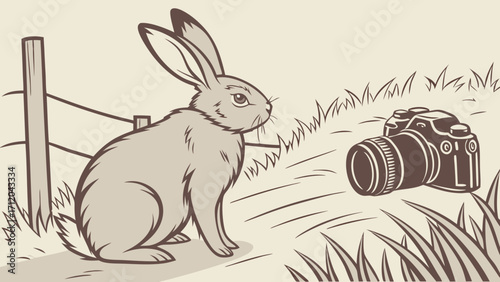 Vintage Illustration of a Rabbit and Camera in a Field.