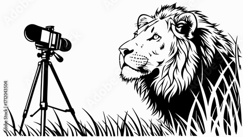 Wildlife Photography Camera on Tripod Lion Grassland Nature Illustration Black and White Design.