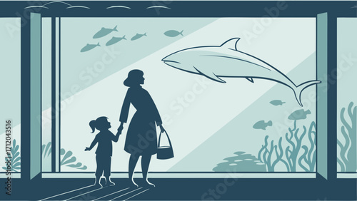 Silhouette of a mother and child viewing an aquarium featuring a large shark and various fish.