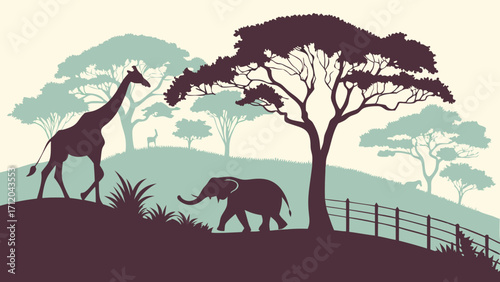 Silhouette of African Animals in Savannah Landscape Giraffe Elephant Trees Fence Wildlife Illustration.