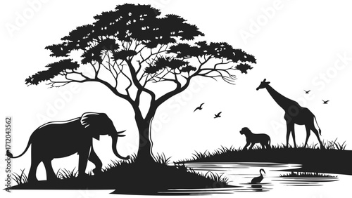 Silhouette of African wildlife at watering hole elephant giraffe monkey birds and acacia tree.