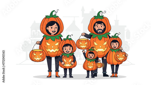 Halloween Pumpkin Family: A family dressed in adorable pumpkin costumes, smiles brightly while trick-or-treating, a heartwarming scene captures the spirit of Halloween.