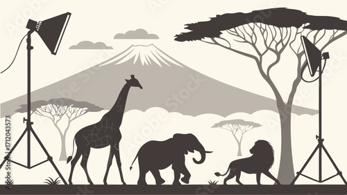 Silhouette of African Wildlife Photography Set with Lighting Equipment and Mountain Background.