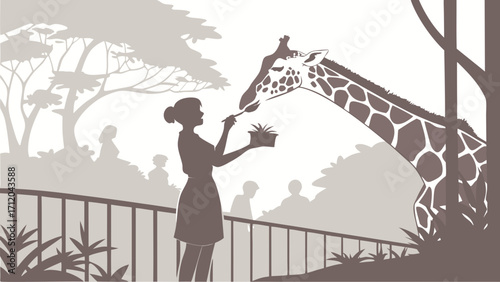 Woman feeding a giraffe at a zoo silhouette illustration wildlife conservation animal care tall animal long neck spotted pattern enclosure visitor nature scene park safari zoological.