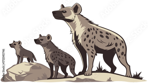 Spotted Hyena Family Group Wildlife Illustration African Savanna Animals Wild Canine Mammal Illustration Predator Carnivore Vector Graphic Digital Art.