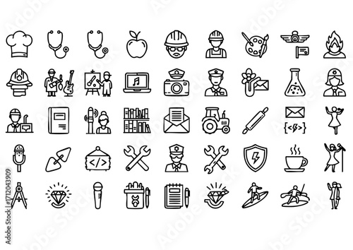Diverse Professions in Line Art, Job and Career Icon Set, Vector Icons of Occupations