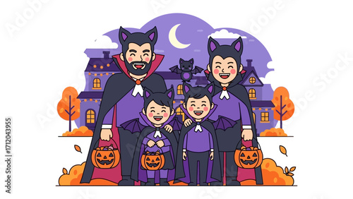 Family Halloween Celebration: A jovial family, dressed in playful vampire costumes and holding pumpkin-shaped treat containers.