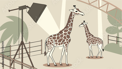 Studio Lighting on Two Giraffes in Enclosure.