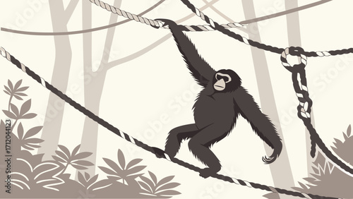 Stylized Ape Hanging on Ropes in Jungle Setting Wildlife Illustration Vector Art.