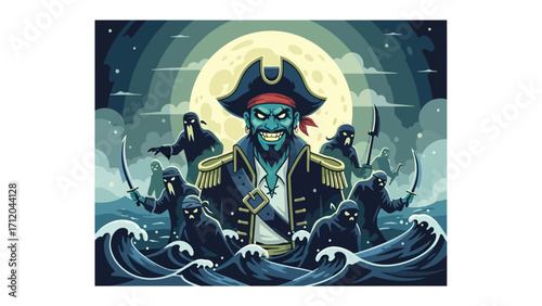 Sinister Sea Raider: A formidable pirate captain, his gaze fixed, surveys the ominous sea under the watchful eye of a colossal moon. His crew of masked marauders lurk around him.