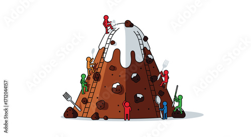 Determined stick figures conquer delicious dessert mountain with ladders and cutlery symbolizing ambition and achievement in a sweet quest, Generative AI.